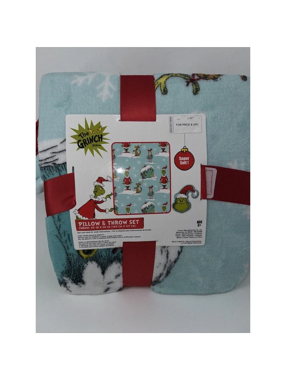 RARE NEW Dr. Seuss The Grinch Max Pillow Fleece Throw Blanket SET 40x50